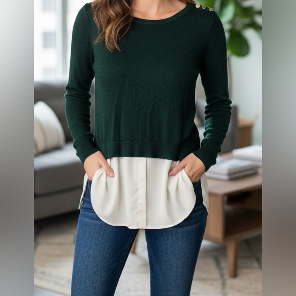 Apt. 9 long sleeve crew neck sweater with a two- fear cream blouse style.